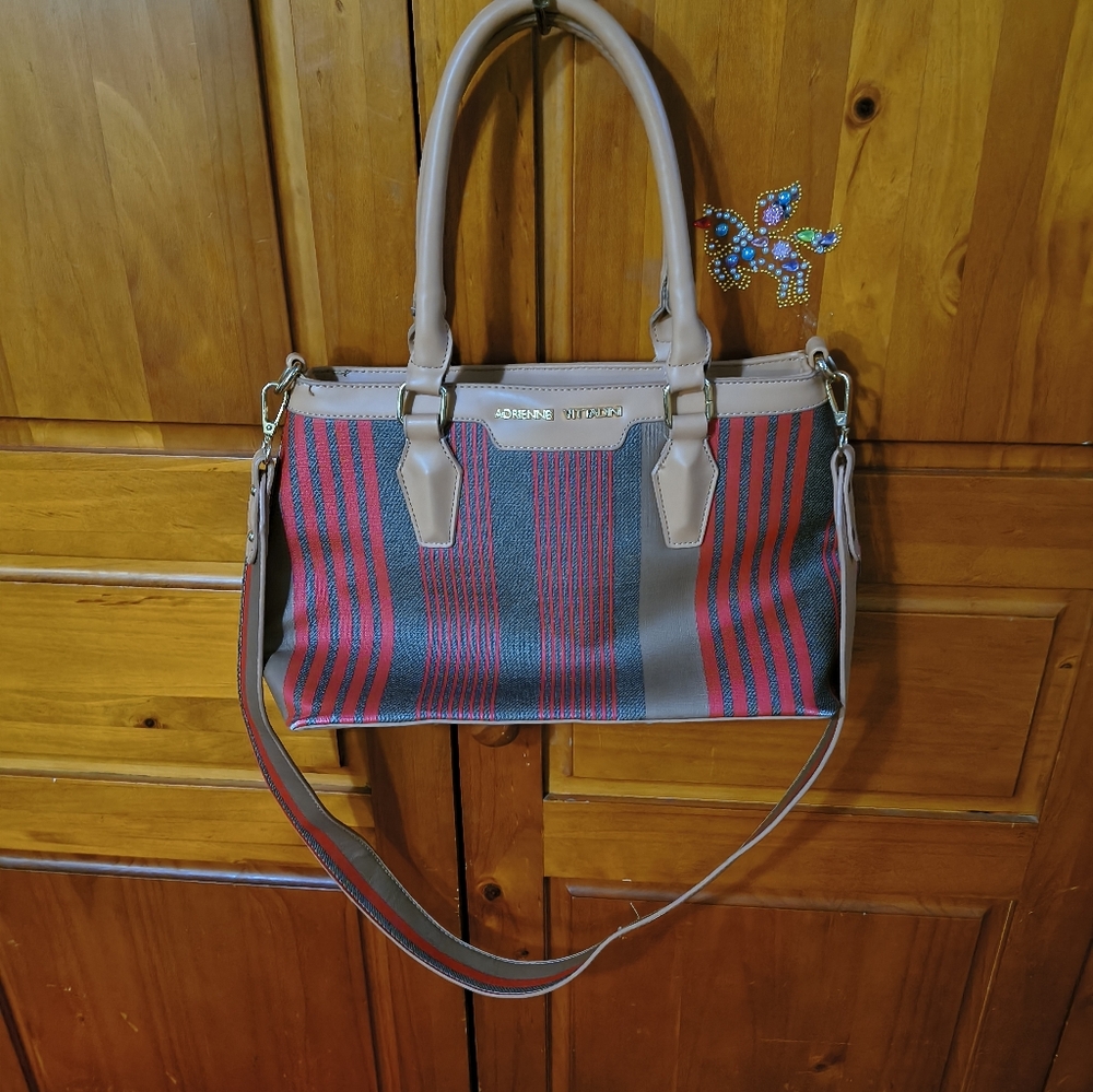 Adrienne Vittadini Large Vinyl Red and Gray Striped Satchel